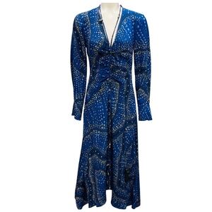 ALTUZARRA BLUE / YELLOW / BLACK PRINTED SILK MIDI DRESS